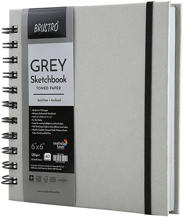 BRuSTRO Toned Paper Grey Sketchbook, Wiro Bound, Size 6" x 6", 120GSM