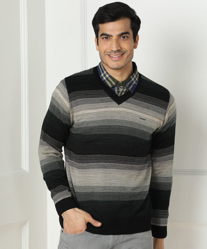 V Neck Casual Men Black Sweater 