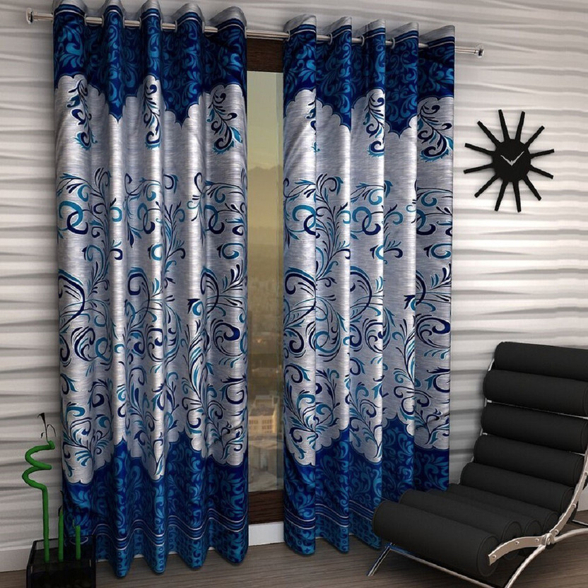 Home Sizzler 214 cm (7 ft) Door Polyester Semi Transparent Curtain (Pack Of 2)(Blue, Floral)
