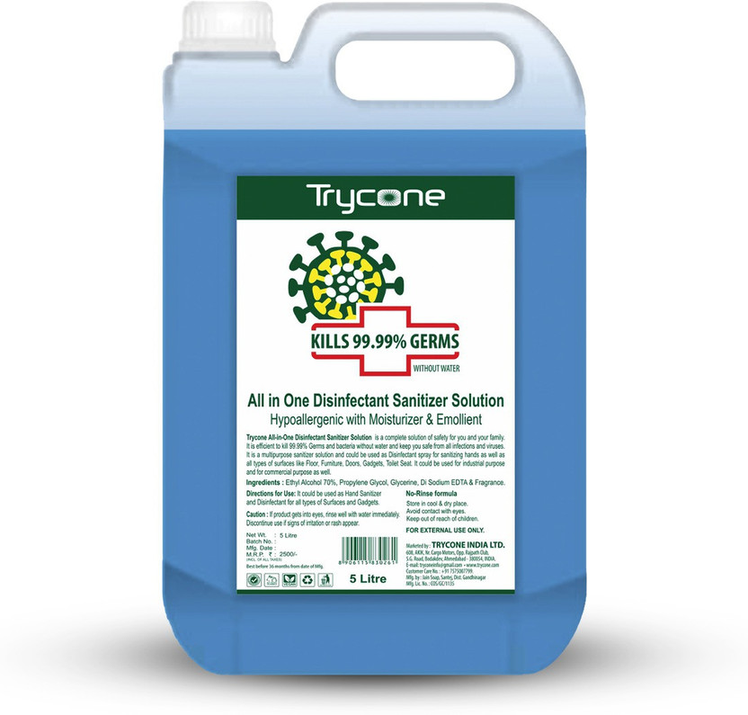 Trycone All in One Instant Disinfectant Sanitizer Solution (Kills 99.99% Germs), Hypoallergenic with Moisturizer & Emollient - 5 Litre Hand Sanitizer Can(5 L)
