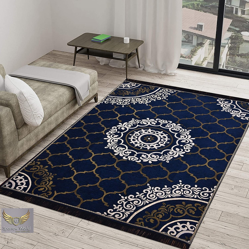 Sparrow world 7 ft  X 5 ft Cotton Runner(Rectangle, Dark Blue)