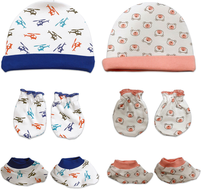 LuvLap 100% Cotton Baby Caps, Mittens and Booties Combo Set for 0-6 Months -Pack of 2(Multicolor)