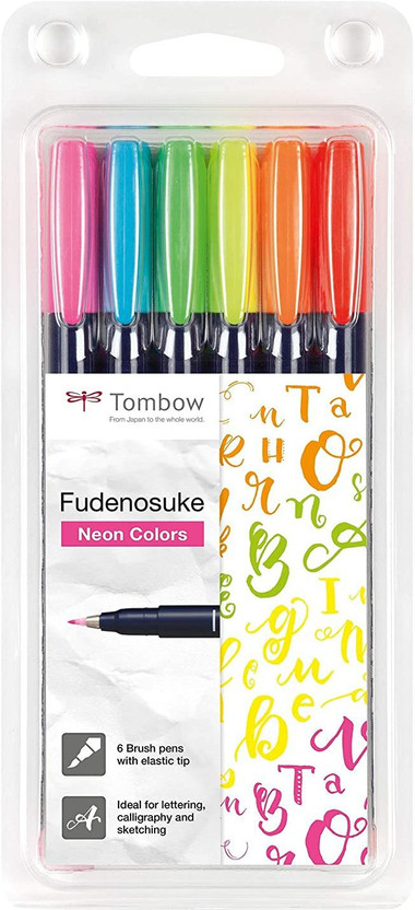Tombow Fudenosuke Hard Tip Brush Pens assorted Neon Colours Calligraphy(Pack of 6, Ink Color - assorted)