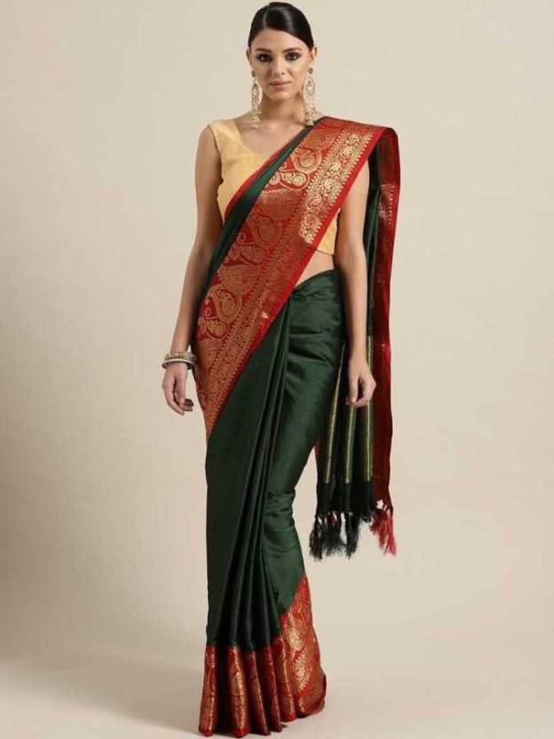 Buy HVT FASHION Self Design Kanjivaram Cotton Silk Green Sarees Online @  Best Price In India 