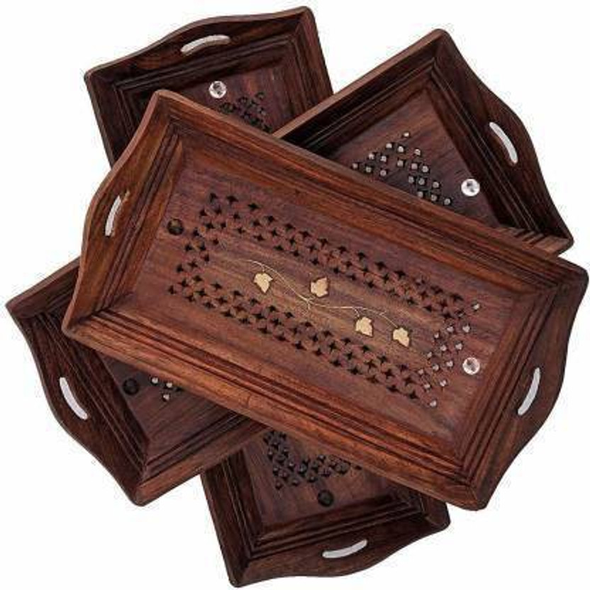 DECORASIA Beautiful Handmade antique wooden Tray(Pack of 3, Microwave Safe)