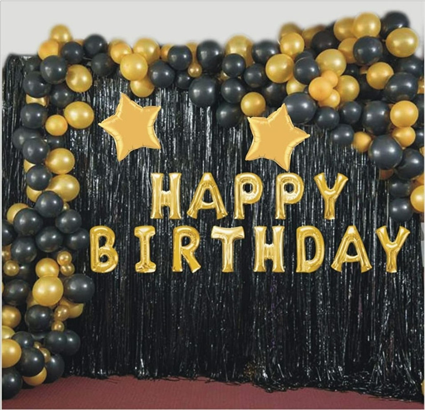 VERIFIED happy birthday party decoration 55 pc items combo black theme shimmer curtains, letter foil balloon, metallic balloons, star ballons -Black;Gold