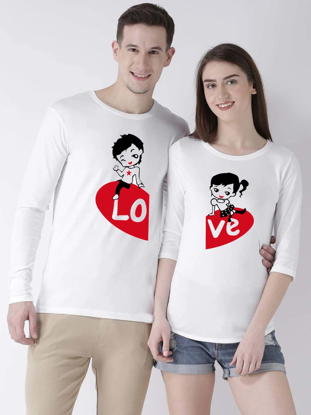 Printed Couple Round Neck White T-Shirt 