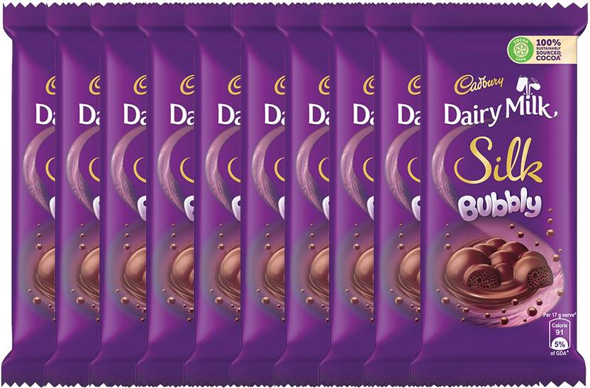 Cadbury Dairy Milk Silk Bubbly Chocolate Bar, 50g â Pack of 10 Bars (10
