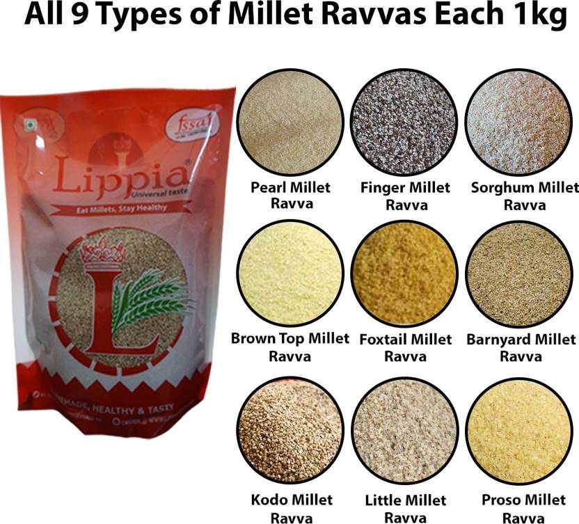 Lippia 9Types of millet flours each 1kg, Pearl Millet Ravva, Finger