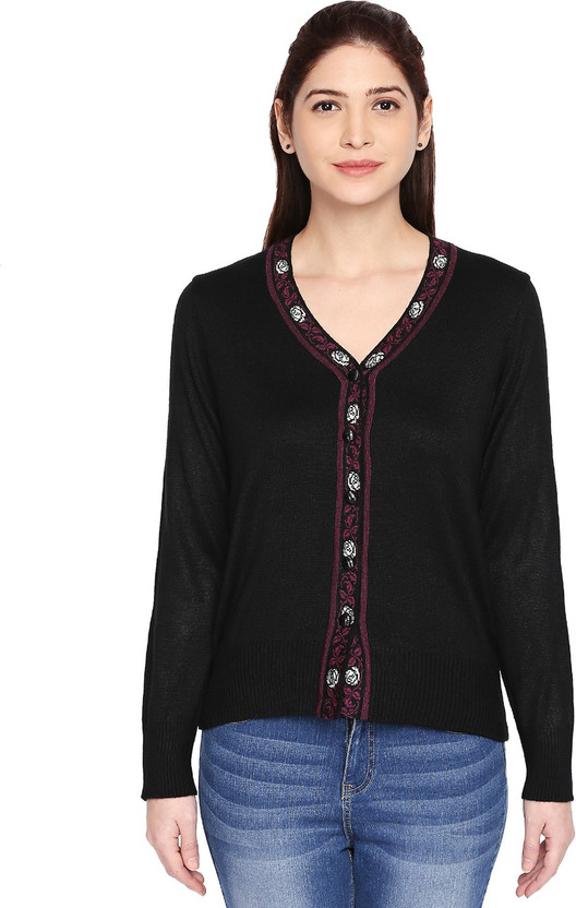 V Neck Casual Women Black Sweater 