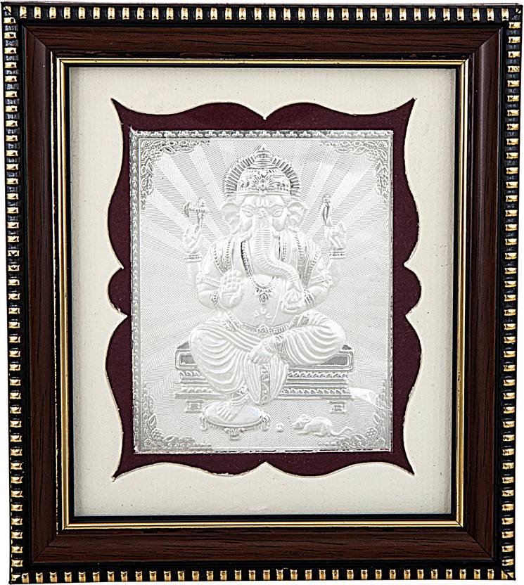 Siri Creations 999 Pure Silver Photo Frame Size 1 God Ganapathi Wooden