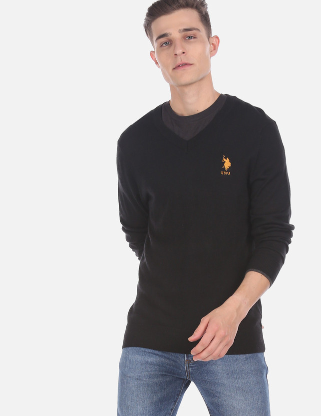 V Neck Casual Men Black Sweater 