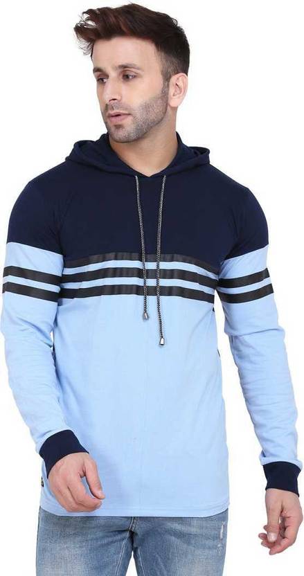 [Size XL] rotaqo Men Printed Hooded Neck Light Blue T-Shirt