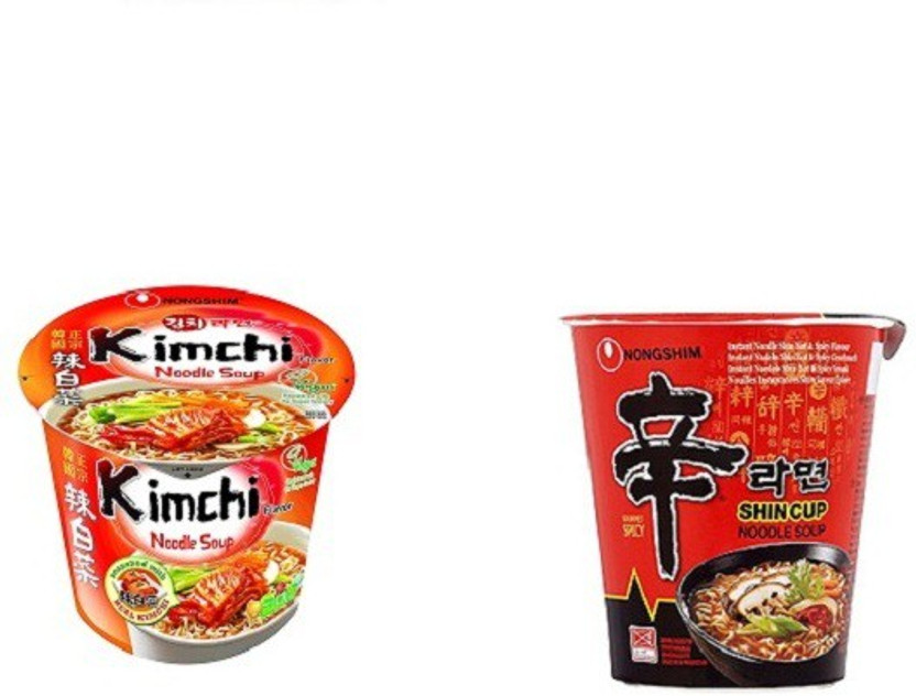 Nongshim Shin Ramyun & Kimchi Korean Style Instant Noodles Cup (1X68g)(1X75g) ( Combo Pack) (Pack Of 2) Instant Noodles(2 x 71.5 g)