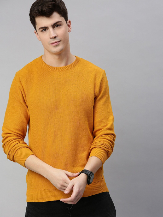 Round Neck Casual Men Yellow Sweater 