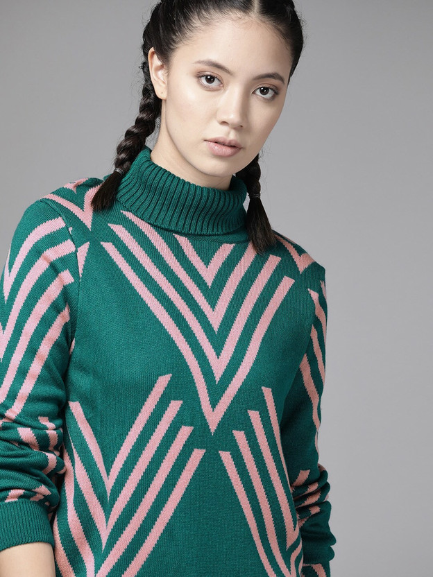 Turtle Neck Casual Women Green Sweater 