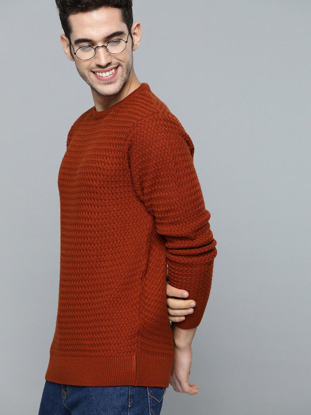 Round Neck Casual Men Brown Sweater 