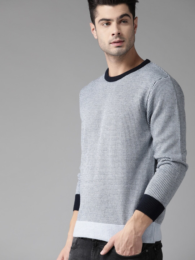 Round Neck Casual Men Blue Sweater 