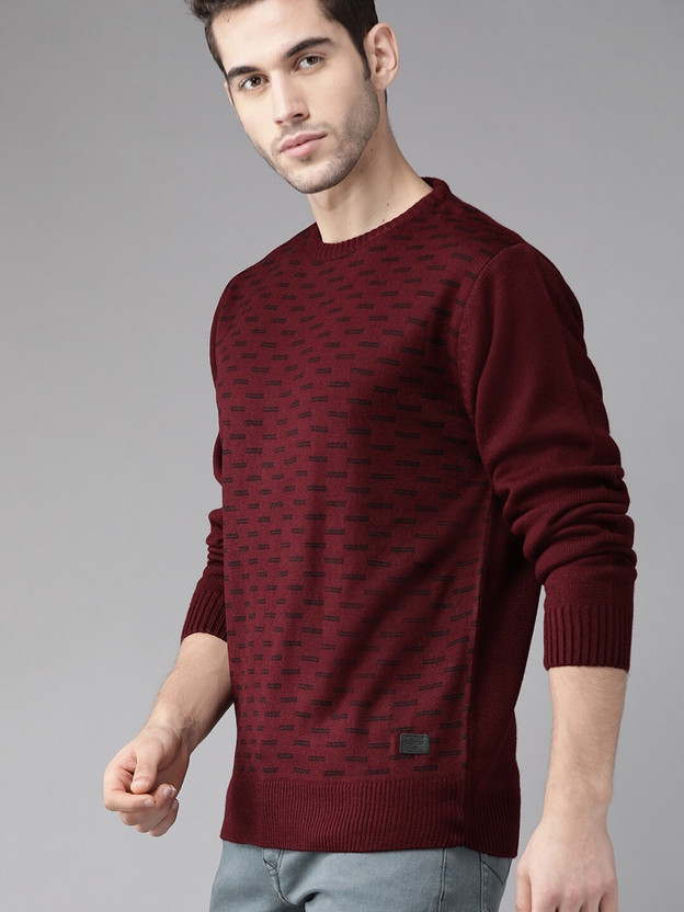 Round Neck Casual Men Maroon Sweater 