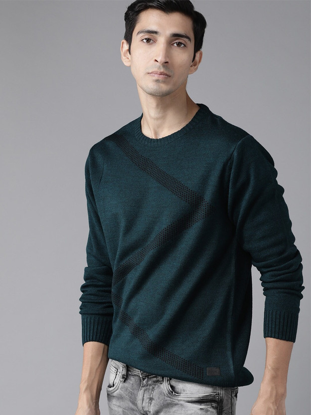 Round Neck Casual Men Dark Blue Sweater 