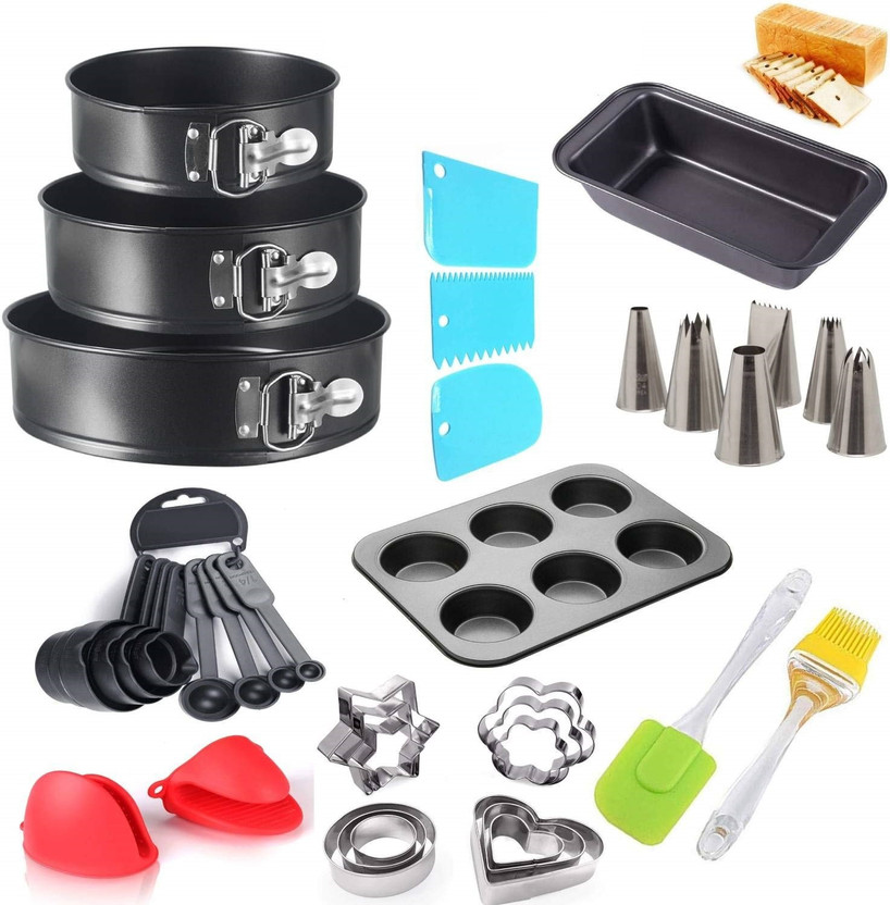 H&M Store Baking Combo of 2Pcs Oven Gloves, 3Pcs Round Cake Tins-18cms,20cms & 22cms,6 Slot Muffin Tray, Measuring Cups,Brush,Spatula,Bread Loaf,Cookie Cutter,Cake Scrapper,Nozzles Kitchen Tool Set(Baking Tools)