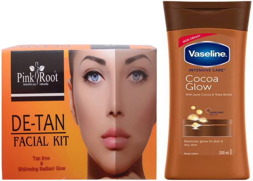 Pink Root De Tan Facial Kit with Intensive Care Cocoa Glow Body Lotion