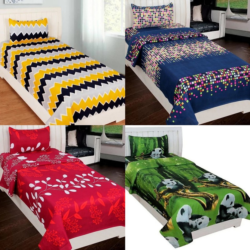 HSR Collection Microfiber Single Flat 144 TC 3D Printed 4 Bedsheets with 8 Pillow Covers(Multicolor)