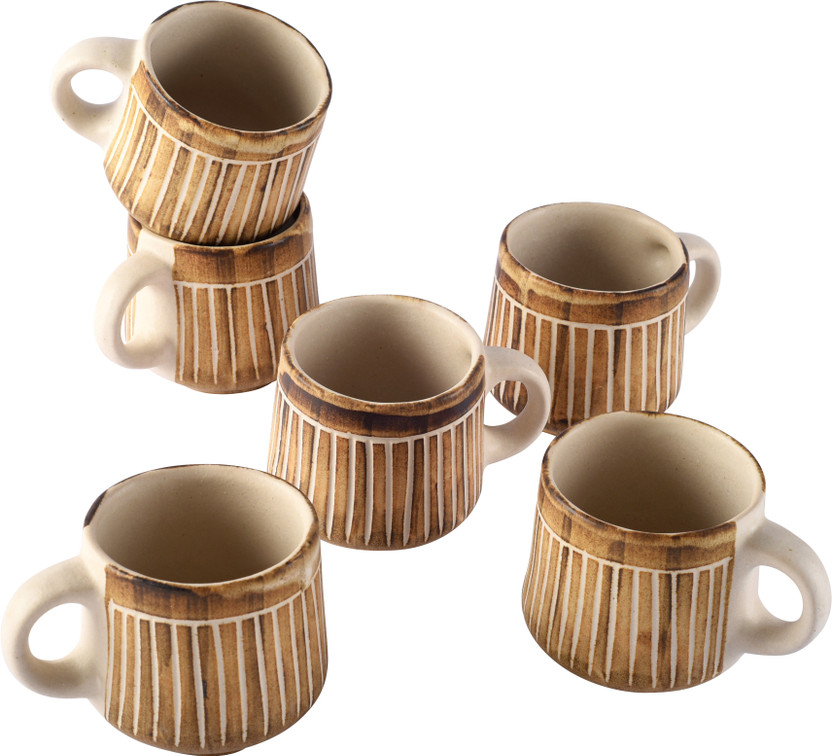 Unravel India Pack of 6 Ceramic ceramic rustic handpainted tea/coffee mug(Set of 6)(Brown, Cup Set)