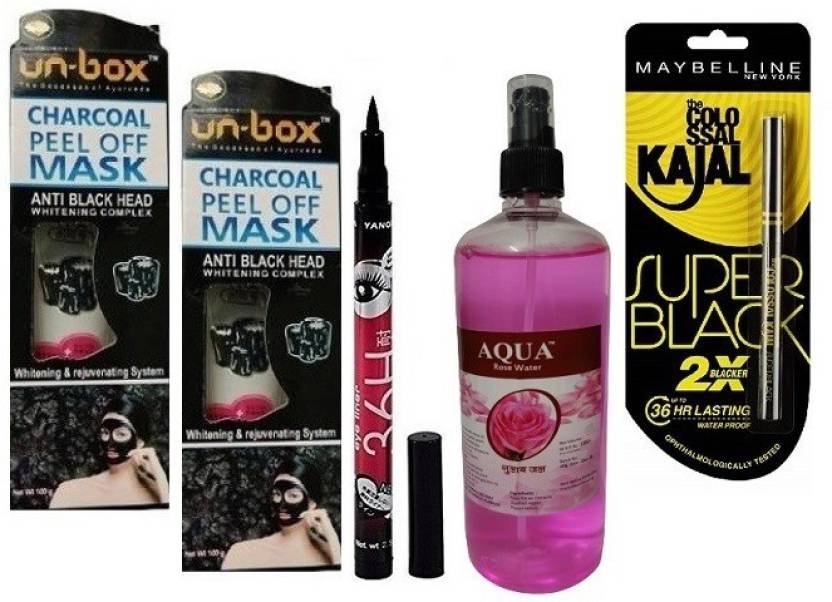 UNBOX Charcoal peel Off Mask Pack of 2 With Waterproof Super Black kajal & 36h Eyeliner & Aqua