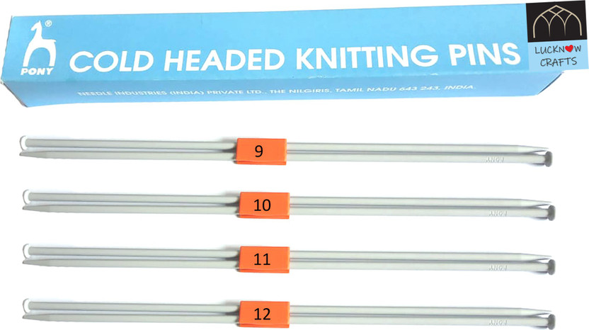 Lucknow Crafts Knitting Needle(Pair) | Vardhman Pony Cold Headed Pins | Size 9,10,11,12 - (3.75mm,3.25mm,3mm,2.75mm) - 25 cm length | Premium, rust-free | Used for knitting Woollen sweater, socks, mittens, gloves, hats, scarfs Knitting Pin(Pack of 4)