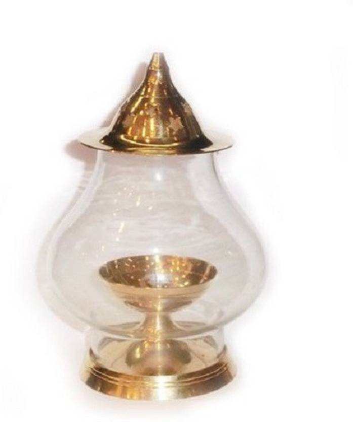 Puja N Pujari Akhand Diya Oil Lamp With Glass Cover Brass for Puja Home