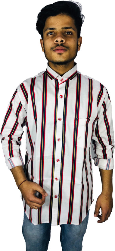 bull8 Men Striped Casual White Shirt