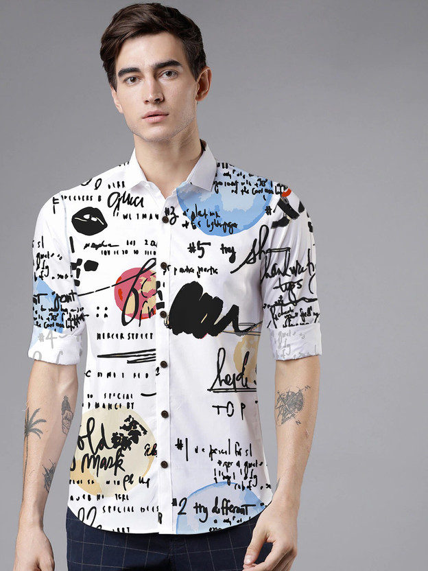 PERRIGEE Men Printed Casual White Shirt