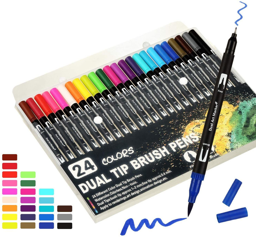 izone 24 Dual Tip Art Brush Pens 24-Pack, Brush Tips and Fine Point Art Marker Colored Set, Good for Journal, Calligraphy, Planner, Coloring Book(Set of 24, Multicolor)