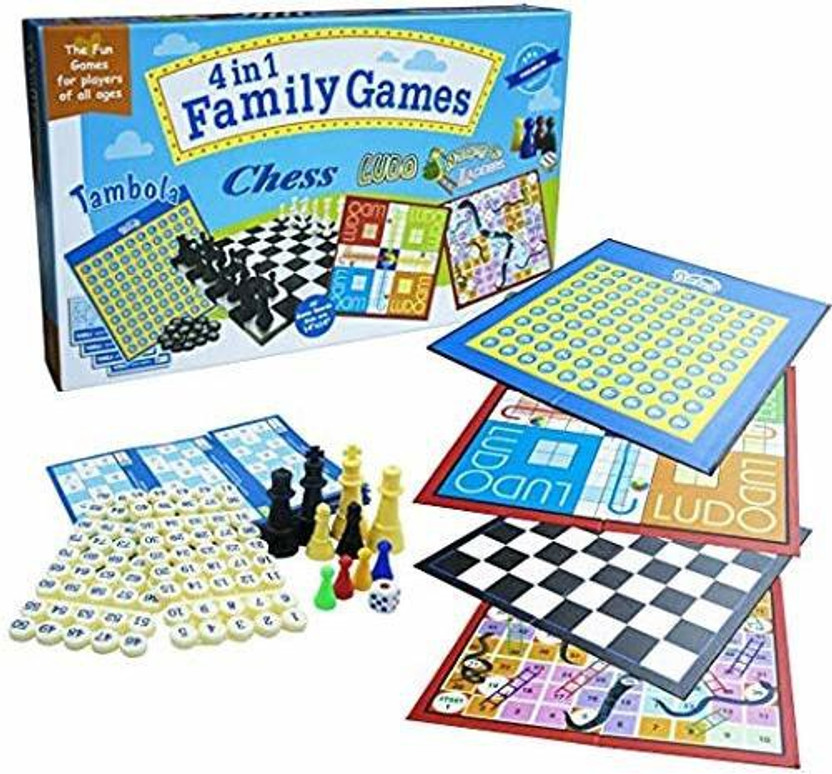 Ekta 4 in 1 Family Strategy Board Games | Tambola, Chess, Ludo and Snakes & Ladders Educational Family Games | Fun & Strategy Games Party & Fun Board Game