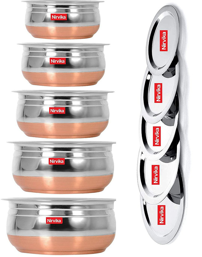 Nirvika Stainless Steel Serving Bowl Stainless Steel bowl set for 5 pcs serving Handi/tableware/storage containers/bakeware/ dinner set/ kitchen set steel item for home appliances and kitchen serving cooking combo set with lid/cover/dhakkan/ storage container copper handi /URLI set fruit and salad b