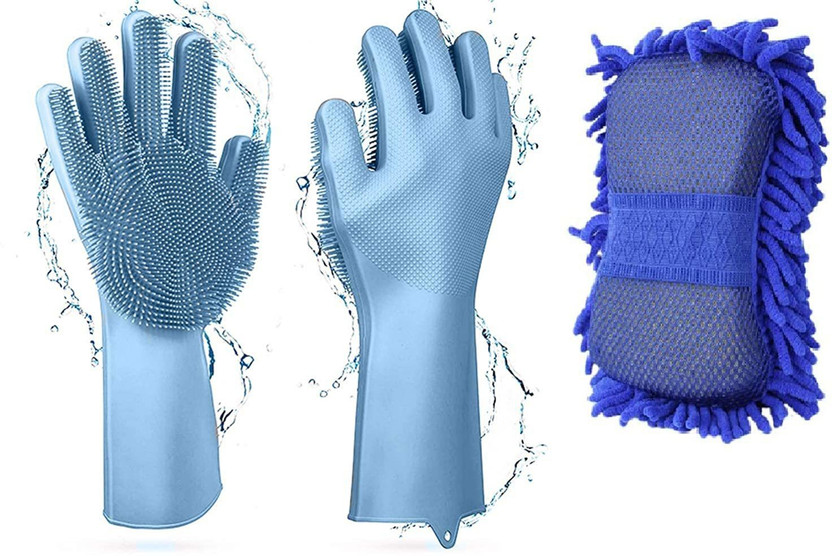 NOHUNT Reusable Cleaning Gloves for Kitchen, Car, Bathroom and Pet Car Wash Sponge and Magic Silicone Gloves Dry Cleaning Sponge, High Performance Cleaning Sponge, Sponge for Washing Car Cleaning Tool With Silicon Scrubbing Hand Gloves for Hand Protection for Dish Washing, Car, Pet Care and Grooming