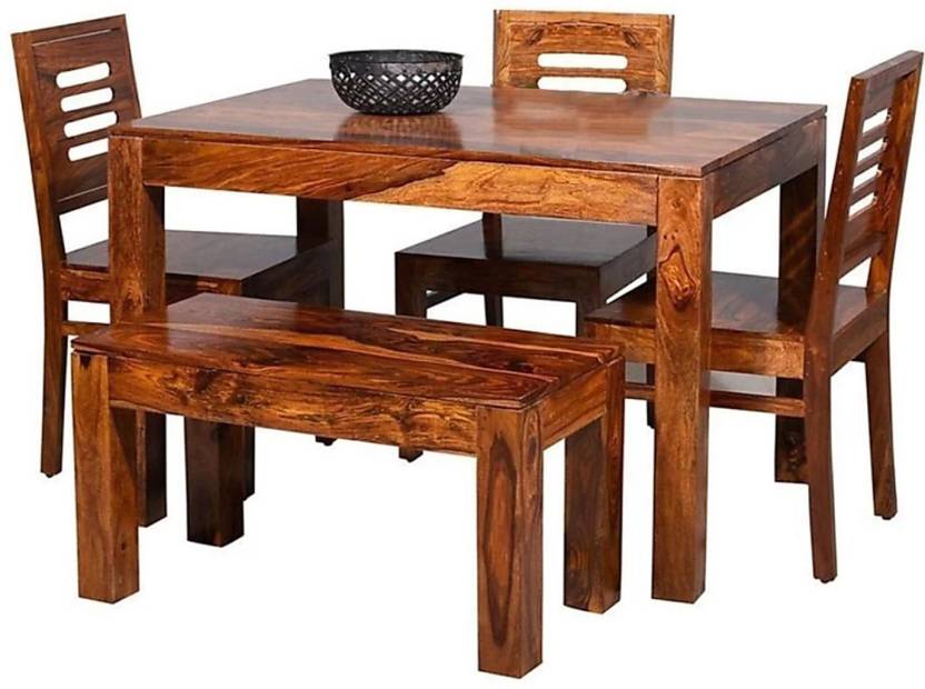 TRUE FURNITURE Sheesham Wood 4 Seater Dining Table Set with Chairs for