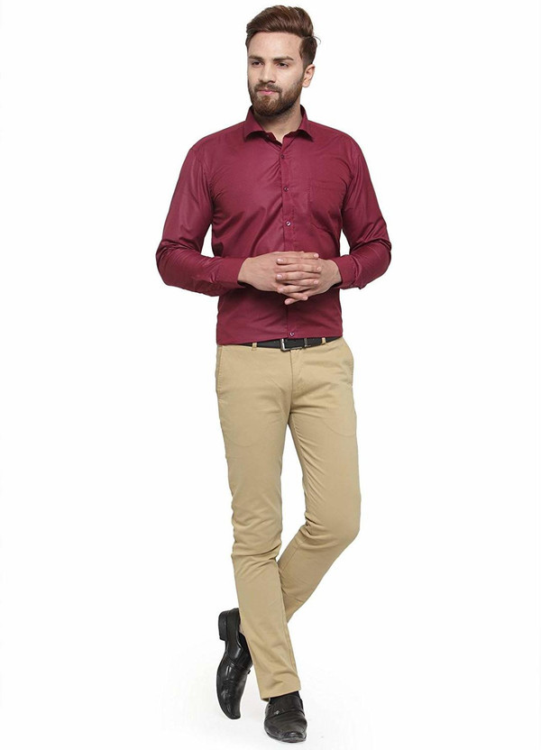 khaki pants burgundy shirt