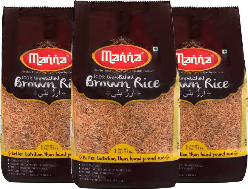 Manna Brown Rice 3kg (1kg x 3 Packs) - Premium Quality, Long Grain, Unpolished. 100% Natural. Naturally Low GI, High in Fibre. Helps Control Diabetes Brown Rice (Medium Grain) Brown Rice(3 kg)