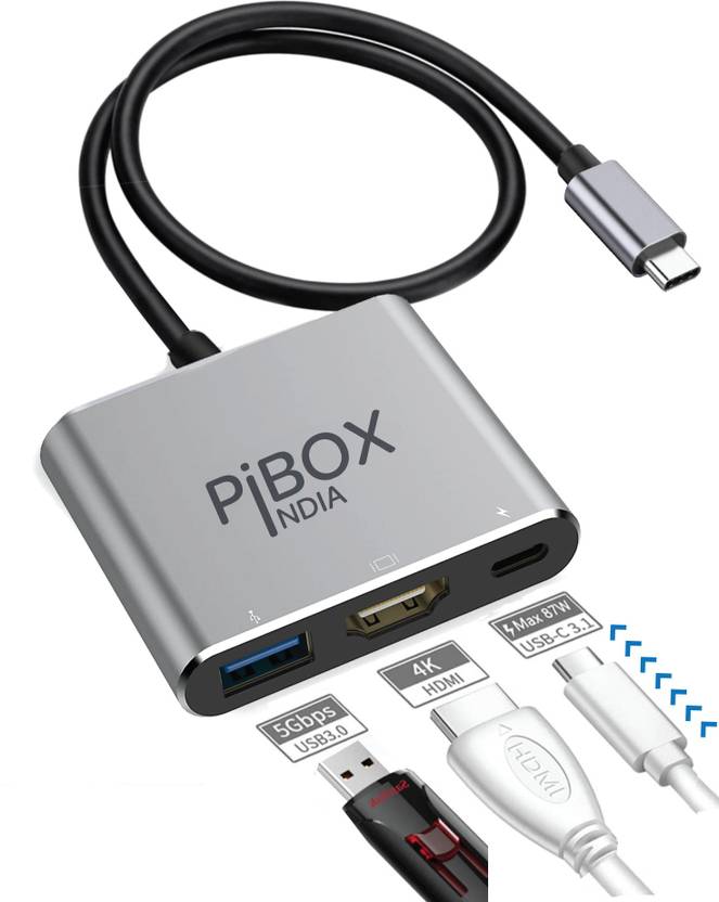 pibox india 3in1 USBC to HDMI Adapter Platinum Grey USB Adapter