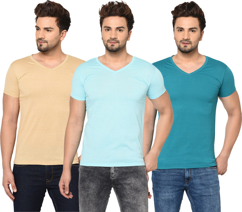 Tivy Solid Men V Neck Multicolor T