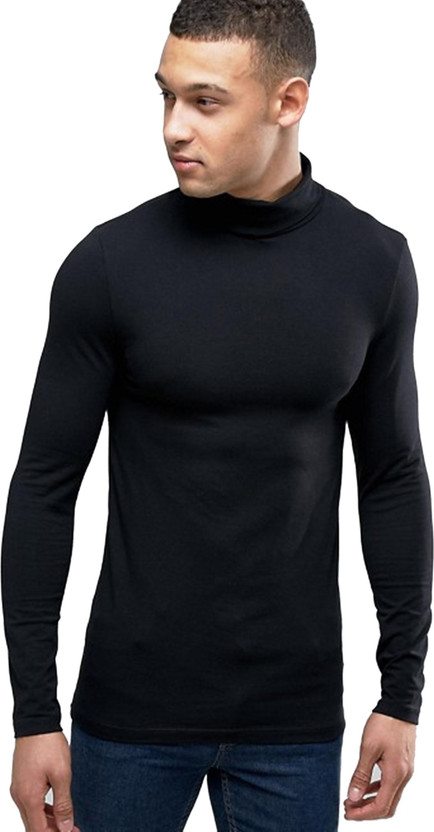 PAUSE Solid Men High Neck Black T-Shirt 