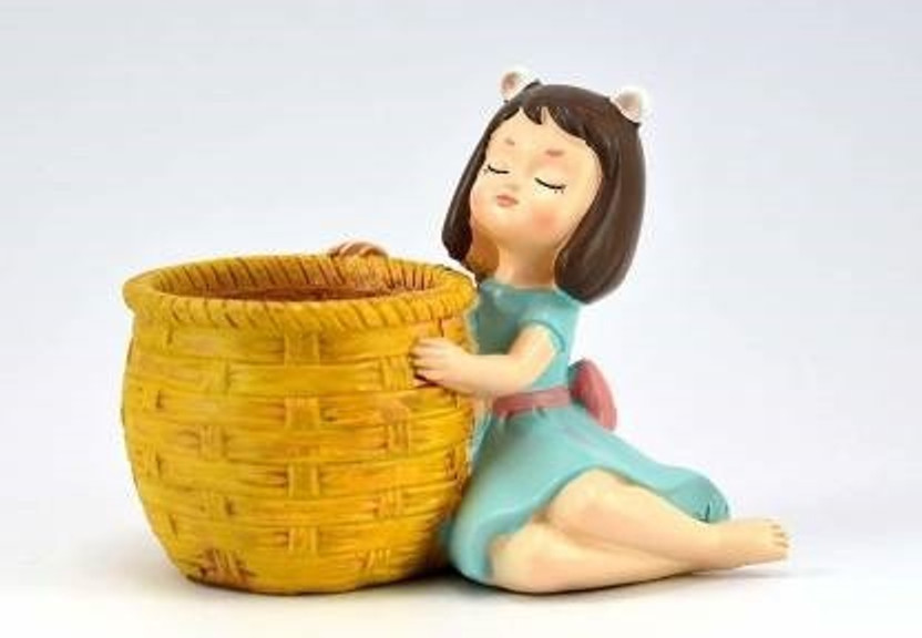 Pancikaa Garden: Basket Girl Design Resin Pots Unique & Trendy Design Return Gifts Succulent Pots Polyresin Pot/Planter Home Decor Imported WITHOUT Plant (H - 3.7 Inch, W - 5.1 Inch ) Plant Container Set(Polythene)