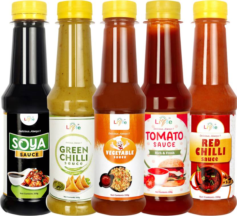 LIYFE Combo of 5 (Vegetable Sauce, Tomato Ketchup, Soya Sauce, Green