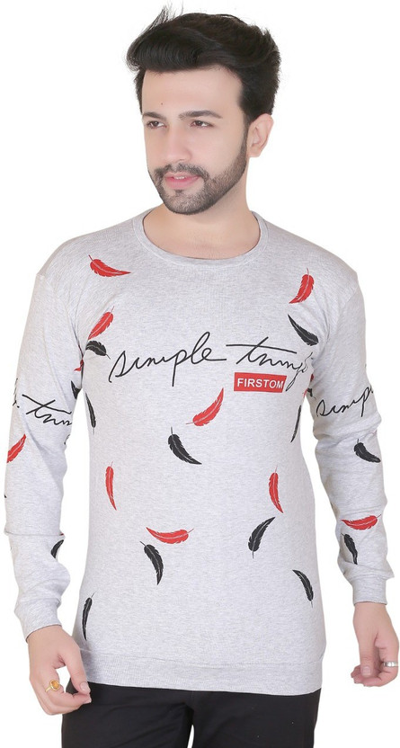 Printed Men Round Neck Grey T-Shirt