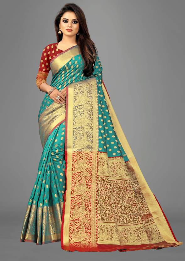 Buy pragati creation Self Design Banarasi Cotton Silk Blue Sarees Online @  Best Price In India 