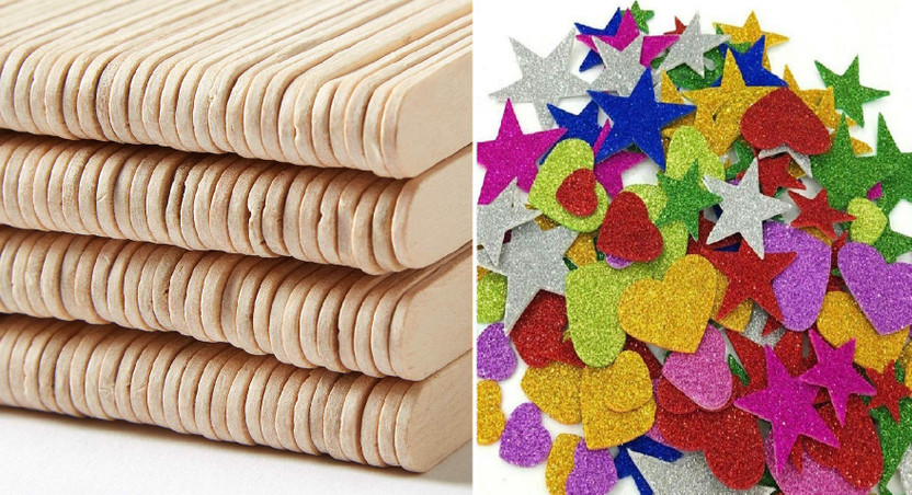 RJV RJV Global Wooden Ice Cream Sticks Popsicle Sticks & Spoon : 400 Pcs (Multi-Colored) & Free 40 Pieces Mixed Shaped Glitter Foam Self Adhesive Stickers - Flipkart Deal
