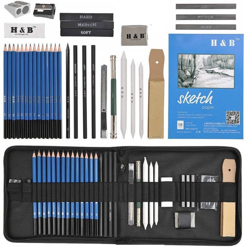 H & B Drawing Pencils and Sketch Kit, 35 Pcs