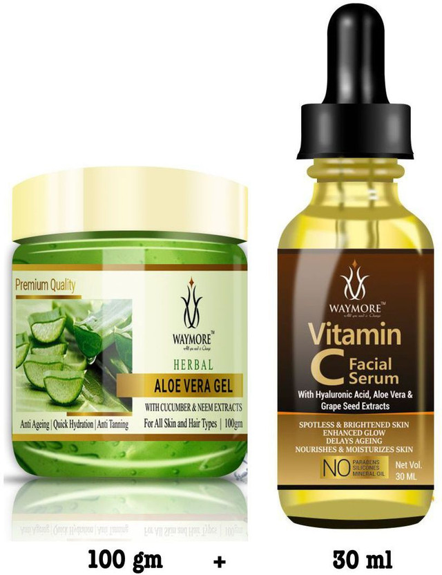 WAYMORE 100% Pure & Sleeping Night Aloe Vera Gel - Green - With Cucumber & Neem Extracts - Night Time Aid to Revive Dry, Dull & Aging Skin - Non Sticky - Light & Quick Absorbing - No Parabens, Silicones & Color - Ideal for Skin Care, Face, Acne Scars, Hair Treatment - 100 ML + Vitamin C Face Serum -